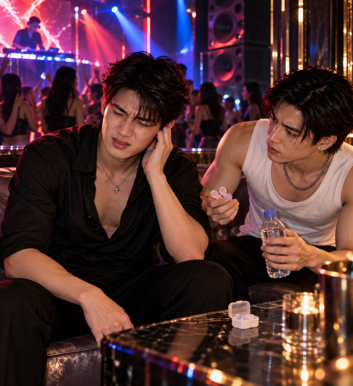 ภาพชายหนุ่มอยู่ในคลับเสียงดังและมีอาการหูอื้อ พร้อมภาพสื่อถึงการป้องกันการได้ยินด้วยที่อุดหูและการพักจากเสียงดัง