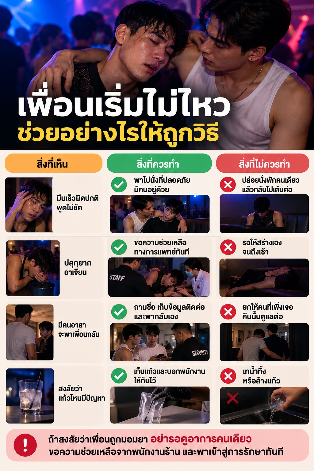 ภาพชายหนุ่มช่วยประคองเพื่อนที่มีอาการผิดปกติในคลับ พร้อมคำแนะนำให้พาไปจุดปลอดภัย อยู่ด้วยตลอด และขอความช่วยเหลือทางการแพทย์ทันที