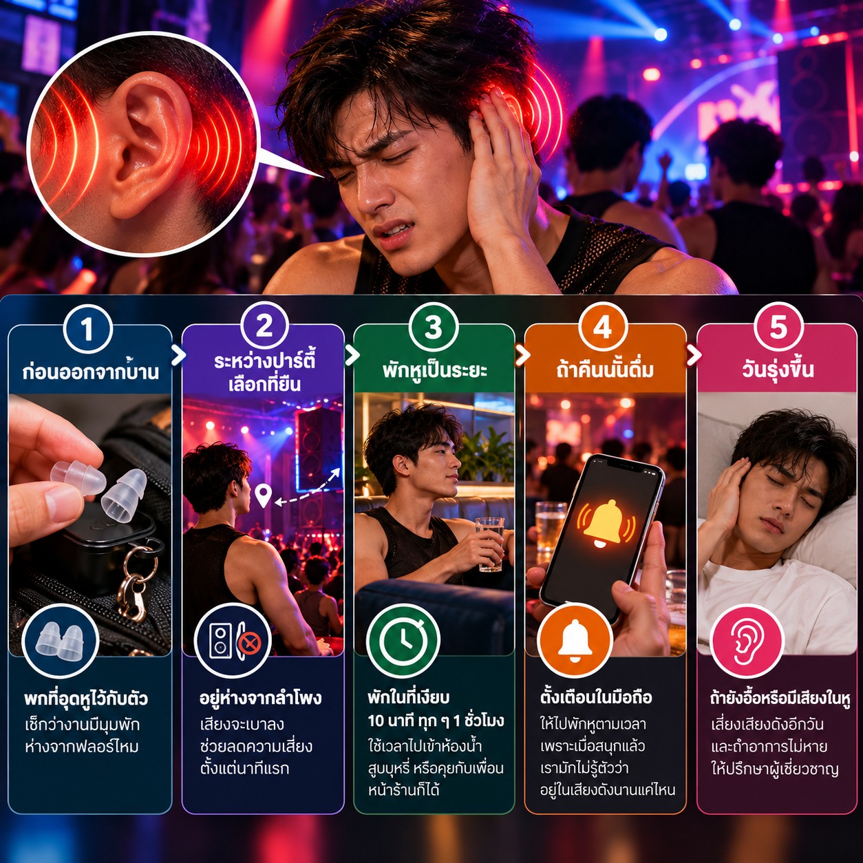 ภาพสรุปการดูแลหูก่อน ระหว่าง และหลังปาร์ตี้ เช่น พกที่อุดหู อยู่ห่างลำโพง พักหูเป็นระยะ และเลี่ยงเสียงดังหากยังมีอาการหูอื้อ