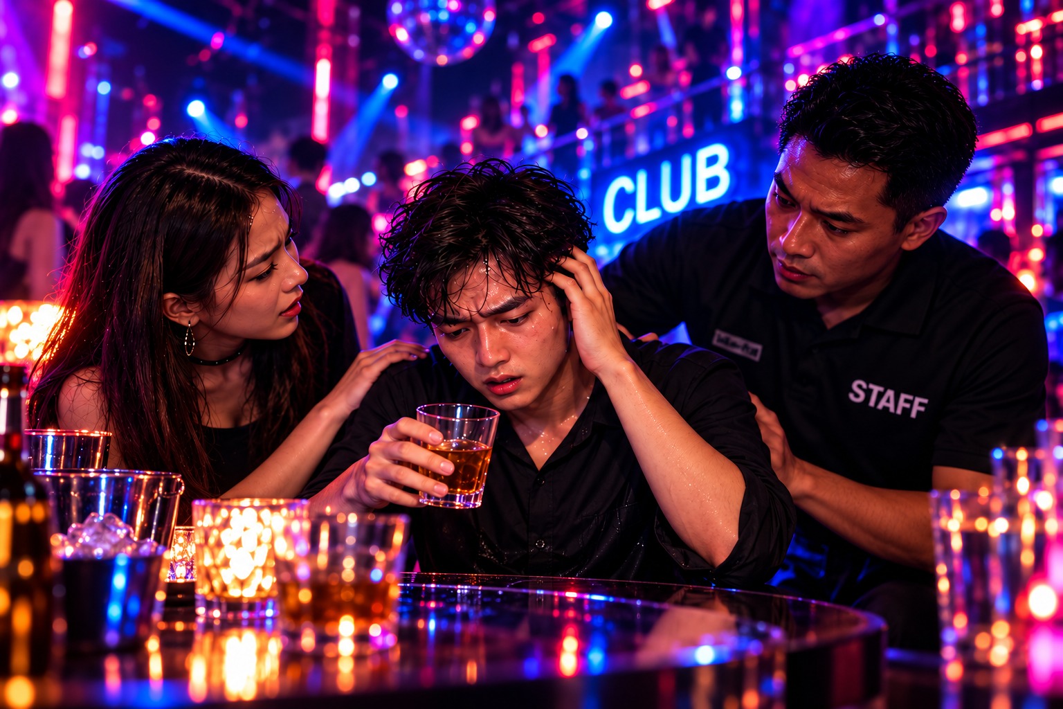 ภาพชายหนุ่มมีอาการมึนและสับสนในคลับ โดยมีเพื่อนและพนักงานเข้าช่วย สื่อถึงการหยุดดื่มทันทีและขอความช่วยเหลือเมื่อสงสัยว่าถูกมอมยา