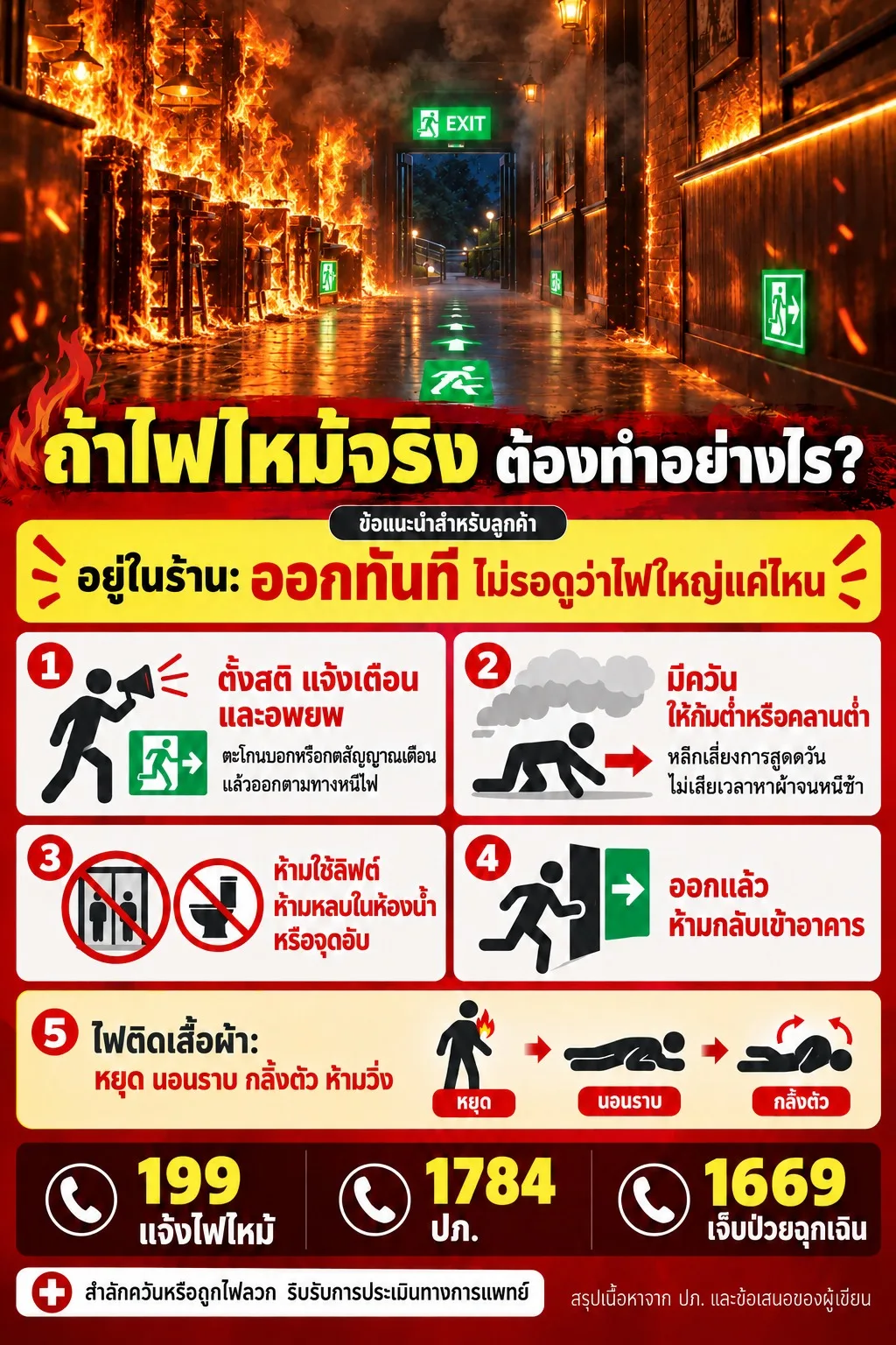 ภาพเปลวไฟและควันลุกลามในผับเวลากลางคืน พร้อมคำแนะนำการอพยพ ข้อห้ามเมื่อเกิดเพลิงไหม้ และหมายเลขฉุกเฉิน 199, 1784 และ 1669