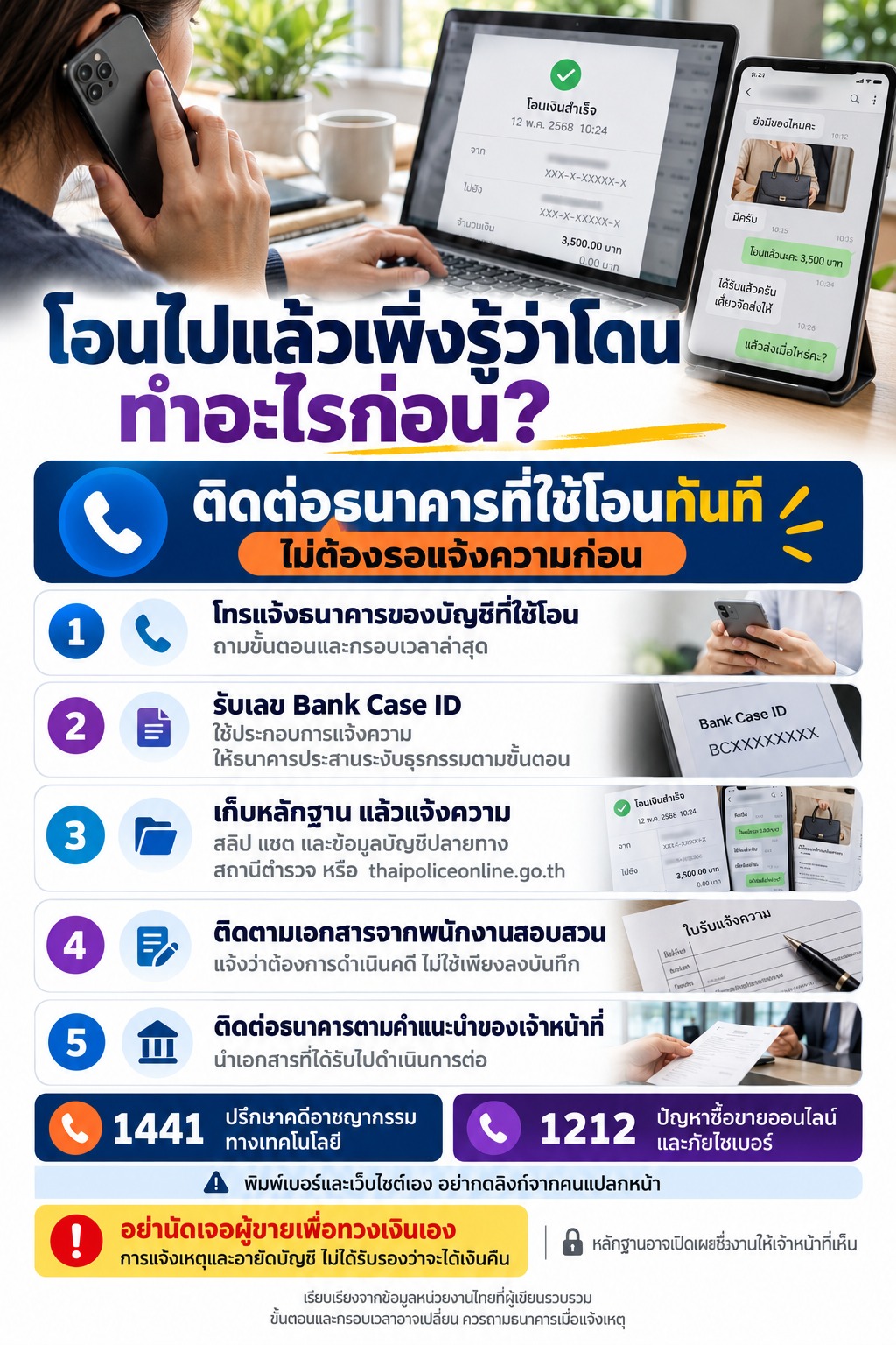 ภาพแนะนำให้ติดต่อธนาคารทันที เก็บหลักฐาน รับเลข Bank Case ID และแจ้งความ พร้อมช่องทาง 1441 และ 1212 และข้อเตือนไม่ทวงเงินจากผู้ขายด้วยตนเอง