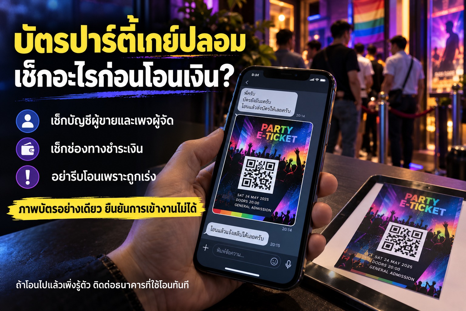 ภาพอีทิกเก็ตในแชทบนมือถือ พร้อมคำแนะนำให้เช็กผู้ขาย เพจผู้จัด และช่องทางชำระเงิน โดยภาพบัตรอย่างเดียวยืนยันการเข้างานไม่ได้