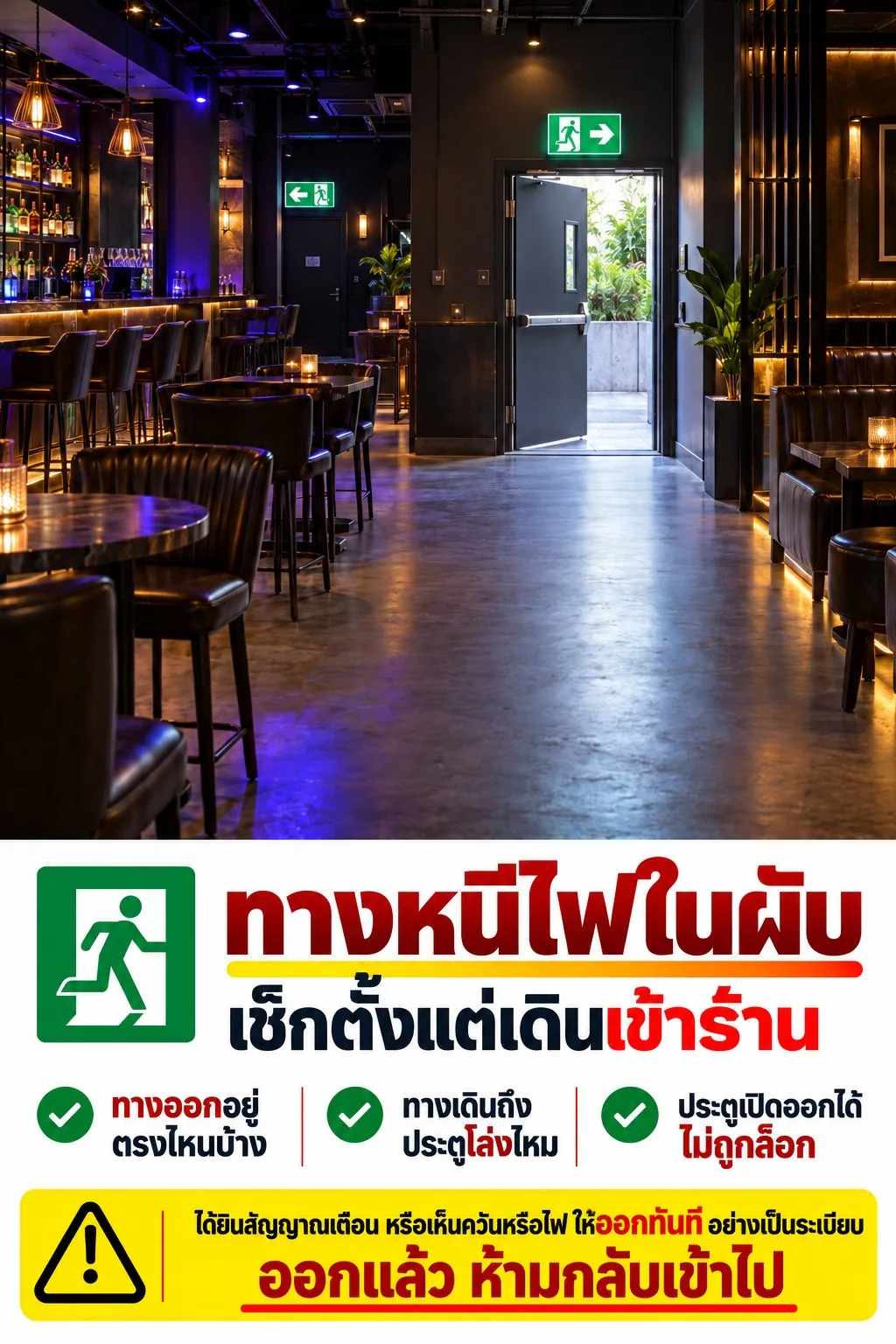 ภาพภายในผับมีป้ายทางหนีไฟสีเขียว ทางเดินโล่ง และประตูทางออก พร้อมข้อความเตือนให้เช็กทางหนีไฟตั้งแต่เข้าร้าน และออกทันทีเมื่อเกิดเหตุ